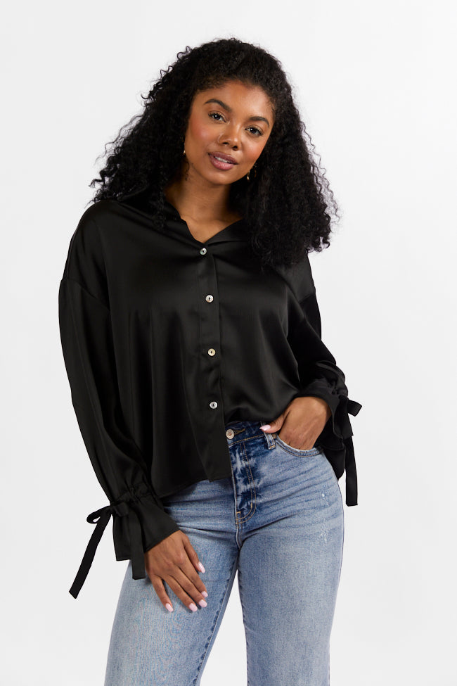 Think It Through Black Bow Cuff Satin Button Down Shirt Cheapest Pice Cheap Online