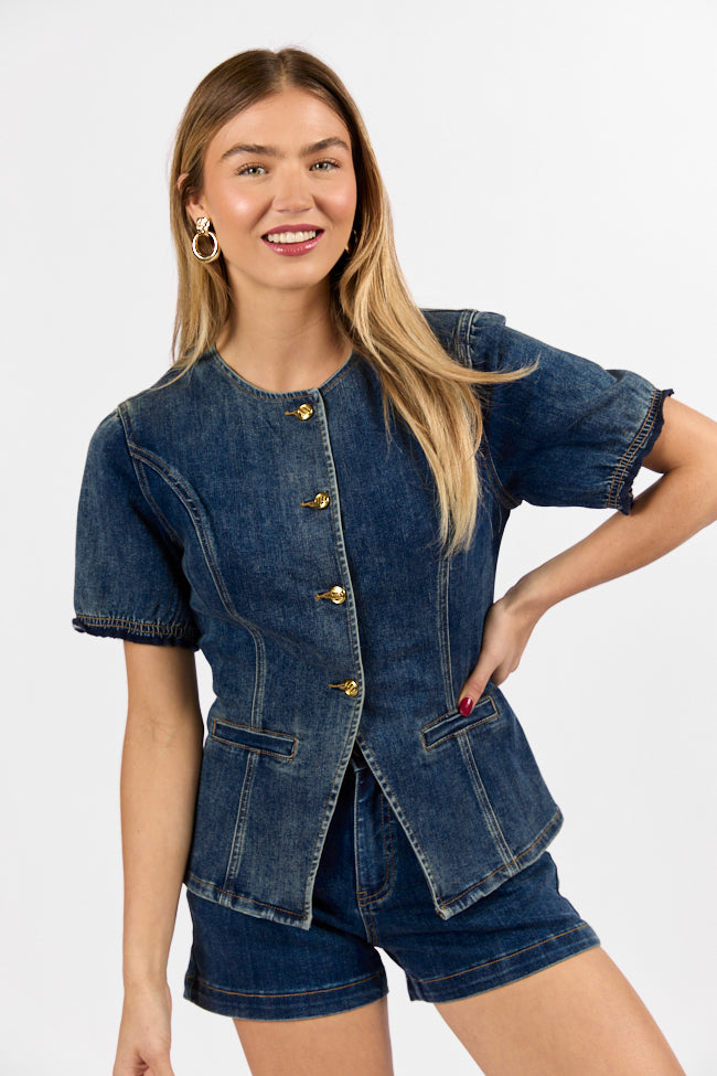 Come As You Are Dark Wash Puff Sleeve Denim Button Down Blouse Looking For For Sale