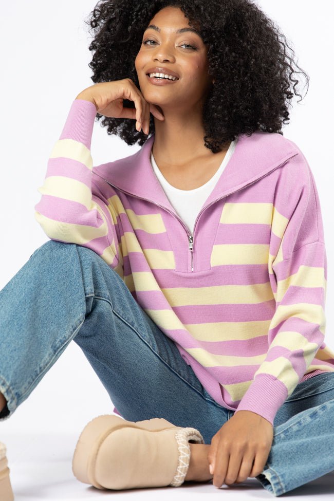 Pulling Heartstrings Purple And Yellow Striped Quarter Zip Pullover SALE Fashion Style Online