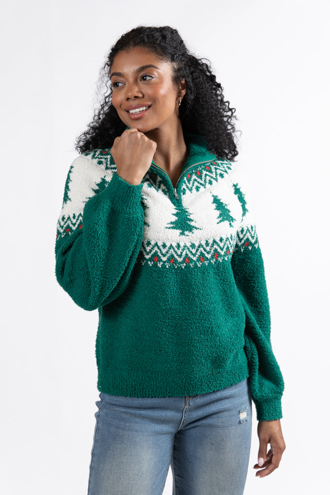 Festive Spirit Green Christmas Fair Isle Quarter Zip Sweater FINAL SALE Low Pice