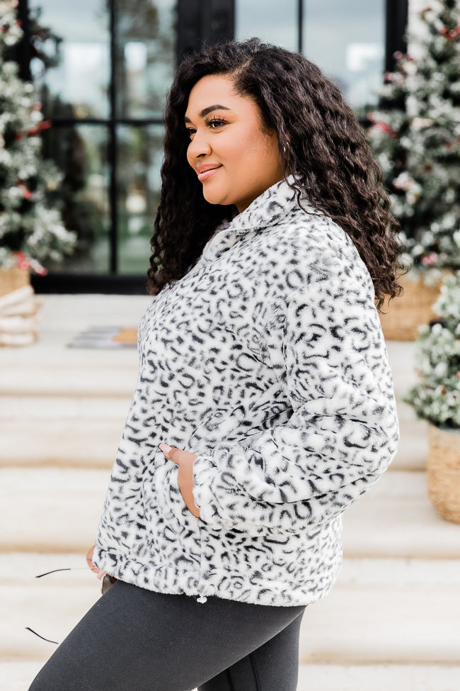 Too Much Fun Fuzzy Black And Ivory Leopard Print Quarter Zip FINAL SALE Sale Lowest Pice