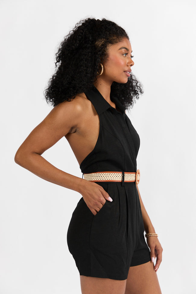 Five Star Black Collared Romper With Belt Detail Sale Best Wholesale