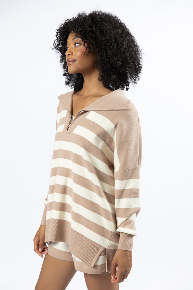 Pulling Heartstrings Taupe And Cream Striped Quarter Zip Pullover SALE Discount Exclusive