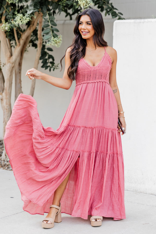 Let's Fly Away Mauve Crochet Knit Panel Tiered Maxi Dress FINAL SALE