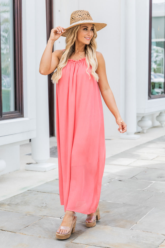 Choose Fate Coral High Neck Midi Dress FINAL SALE Cheap Sale Inexpensive