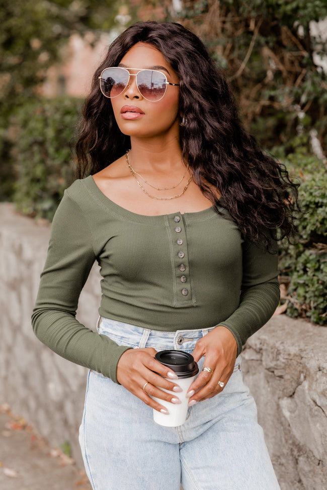 Talk About That Olive Henley Bodysuit FINAL SALE Cheap Pice