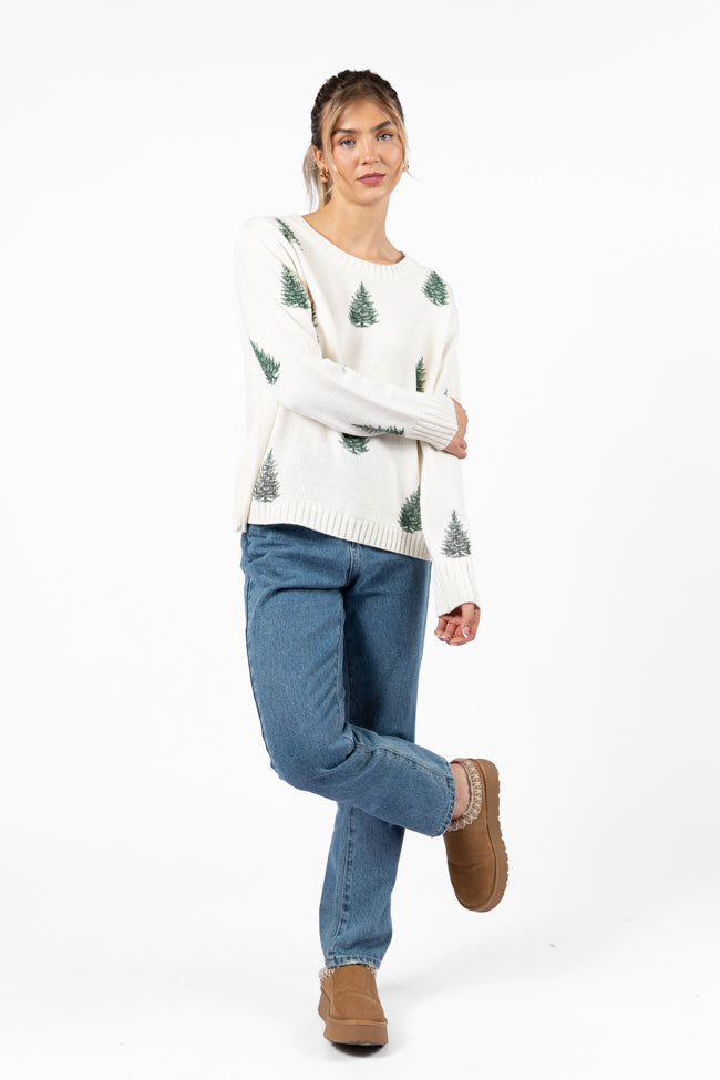 One Pine Gal Ivory And Green Christmas Tree Print Sweater FINAL SALE Limited Edition