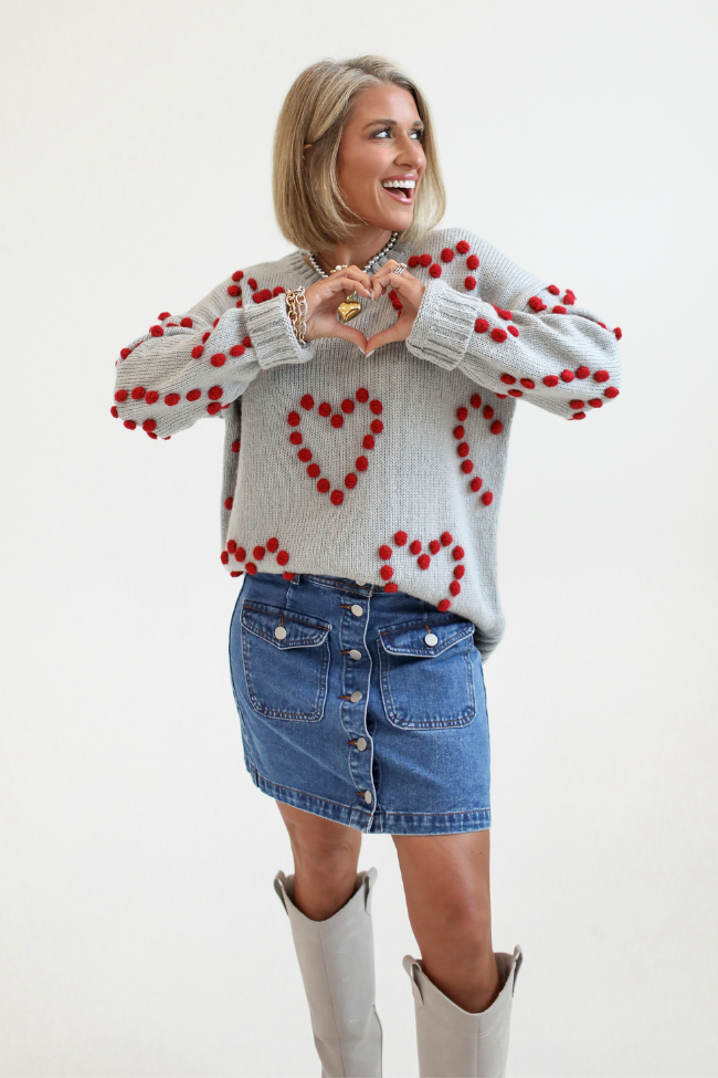 Adore You Grey and Red Oversized Heart Pom Sweater Kalee Rogers X Pink Lily FINAL SALE Explore Cheap Pice