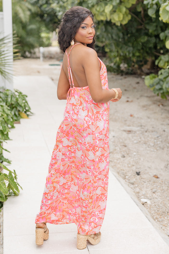 Paradise Palms Pink Satin V-Neck Maxi Dress FINAL SALE Clearance Affordable