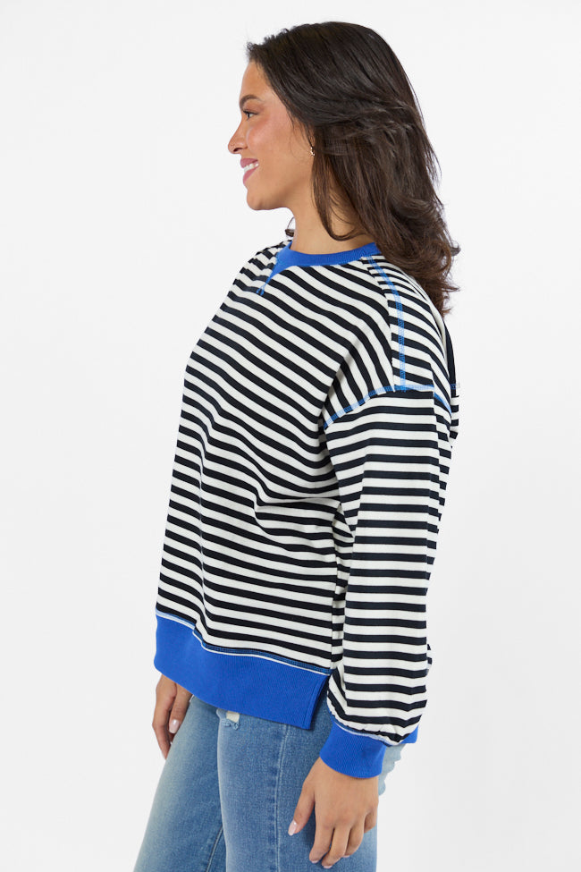 On A Dime Black and Blue Striped Sweatshirt Clearance Wiki