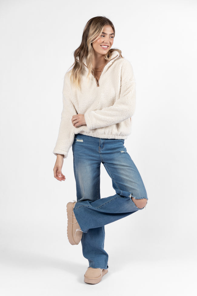 Stay Here Beige Contrast Trim Sherpa Pullover SALE Online