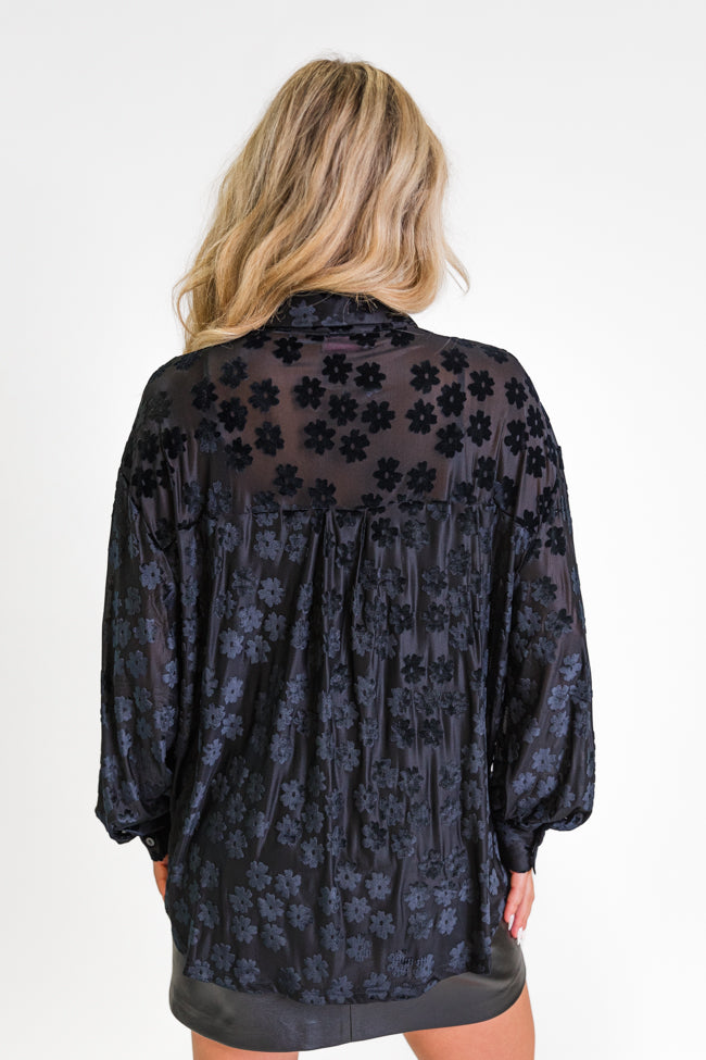 Face The Day Black Velvet Floral Button Down Blouse SALE Discount Reliable