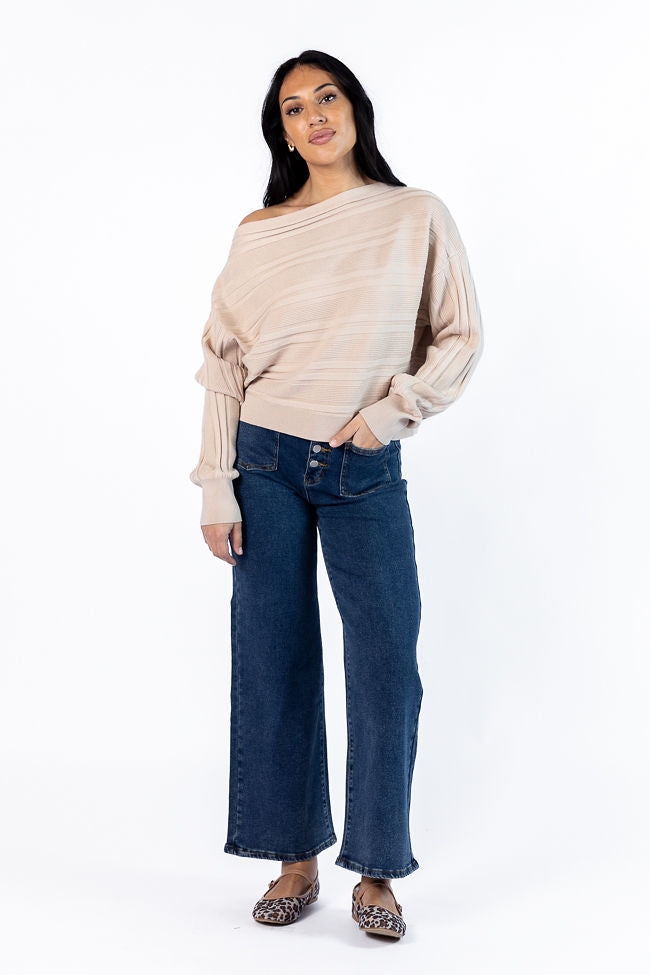 Feels Right Beige Off The Shoulder Ribbed Sweater 100% Original