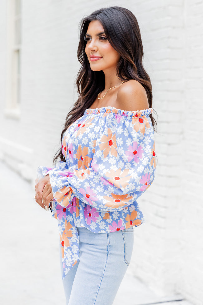 Off The Path Blue Off The Shoulder Belted Blouse FINAL SALE Clearance Cost