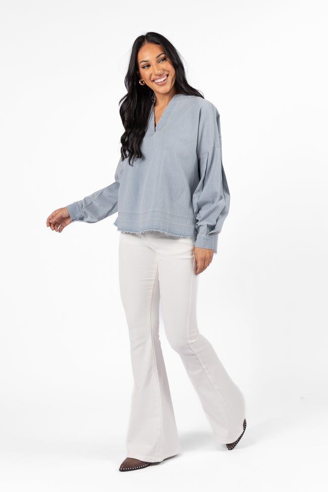 Before Daylight Light Wash Chambray Blouse Discount Online