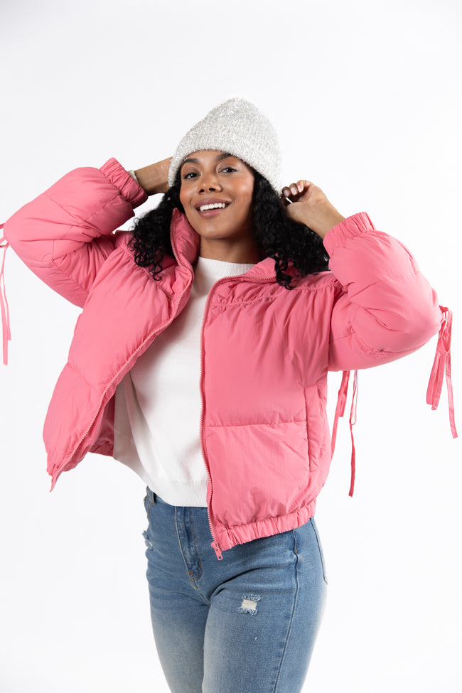 Where You'll Find Me Pink Bow Sleeve Puffer Jacket SALE