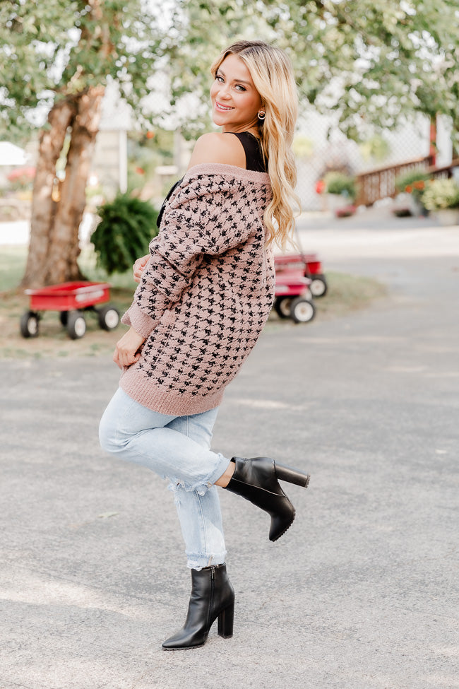 At Your Best Brown And Black Fuzzy Houndstooth Cardigan FINAL SALE Discount Supply