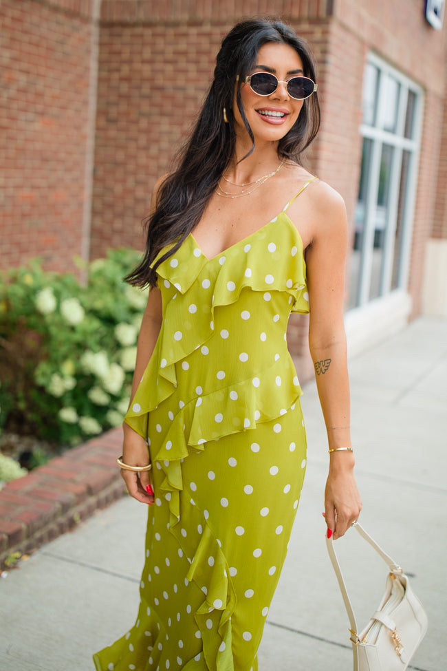 On The Spot Kiwi Ruffle Detail Polka Dot Midi Dress FINAL SALE Clearance Online