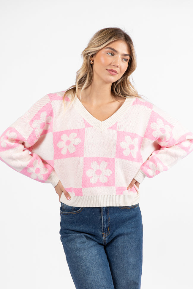 Found A New Way Pink V-Neck Checkered Flower Sweater SALE For Sale 2025