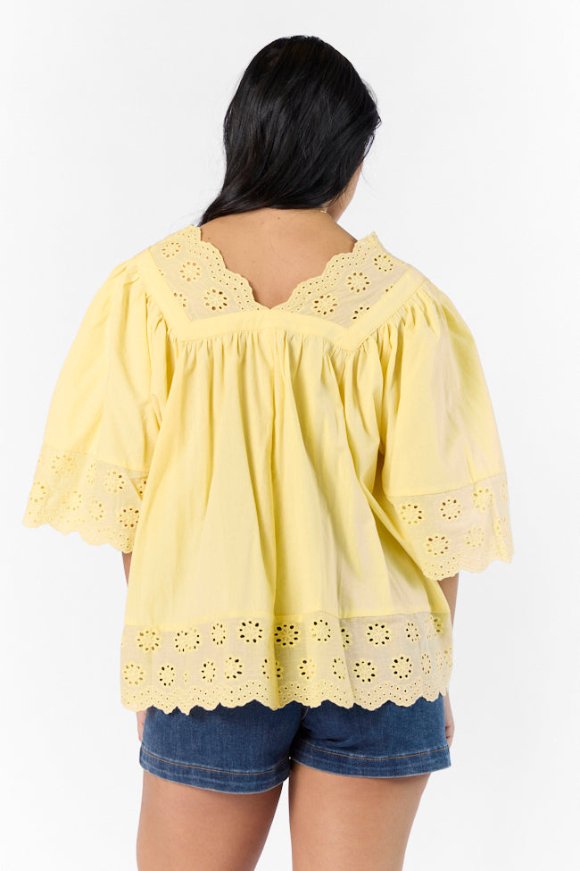 No Regrets Yellow Eyelet Detail Popover Short Sleeve Blouse Clearance Reliable