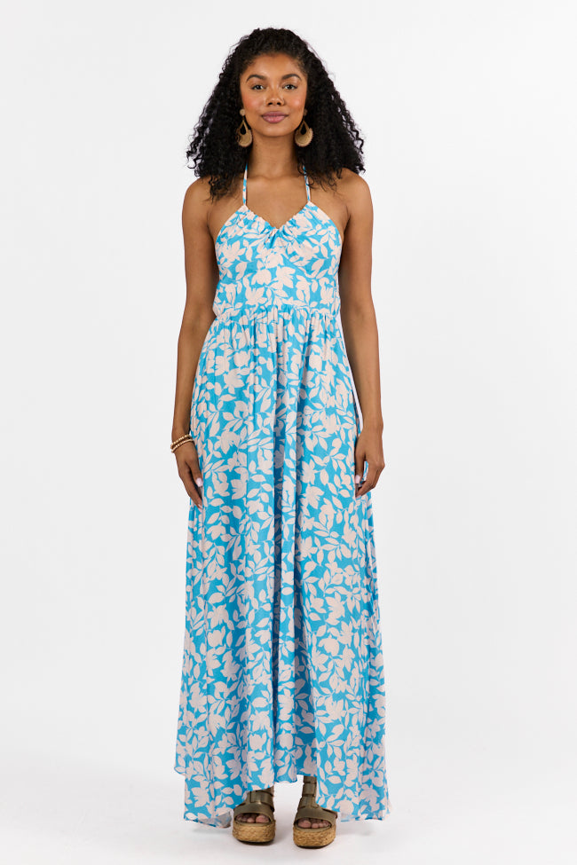 Golden Days Blue Halter Neck Printed Maxi Dress Official Online