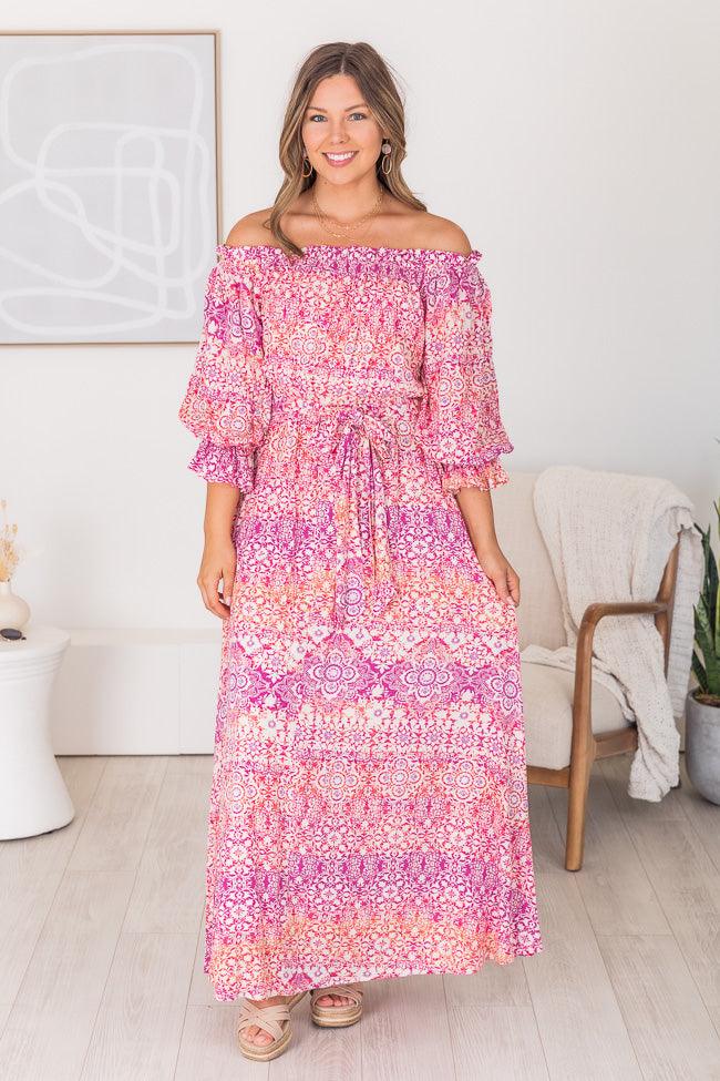 Dynamic Love Pink Printed Off The Shoulder Maxi Dress FINAL SALE Clearance For Cheap