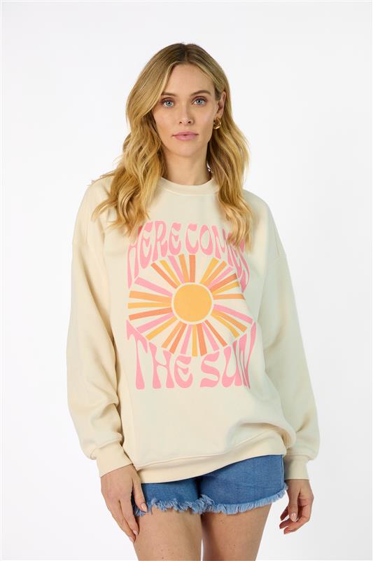 Here Comes The Sun Burst Cream Oversized Graphic Sweatshirt Wiki Sale Online