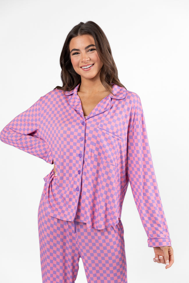 Good To Get Away Light Pink and Lilac Checkered Long Sleeve Pajama Top Low Pice Fee Shipping