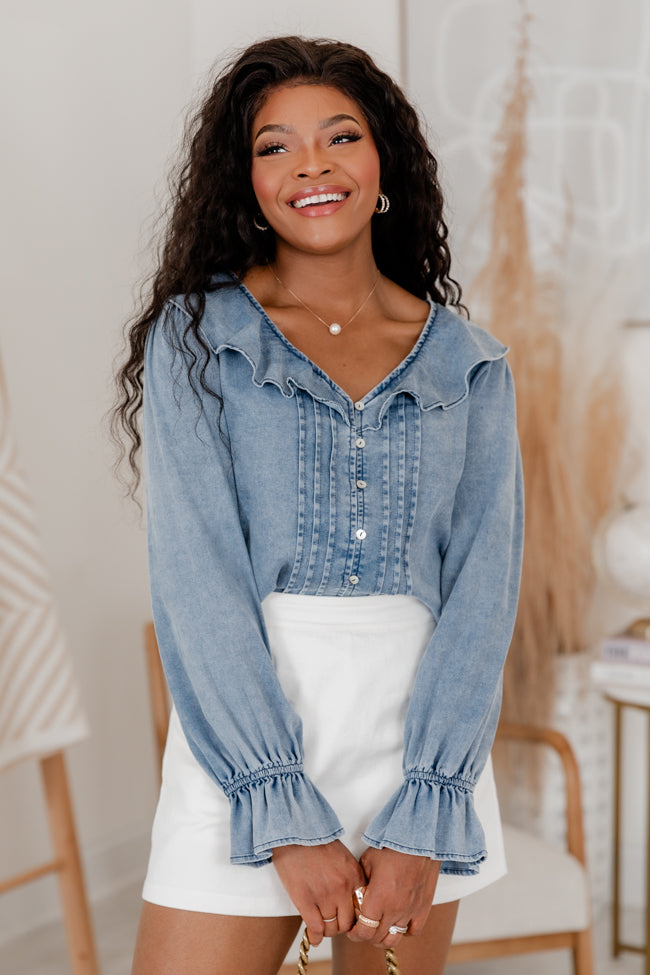 In The Details Medium Wash Chambray Ruffle Detail Top Real Sale Online