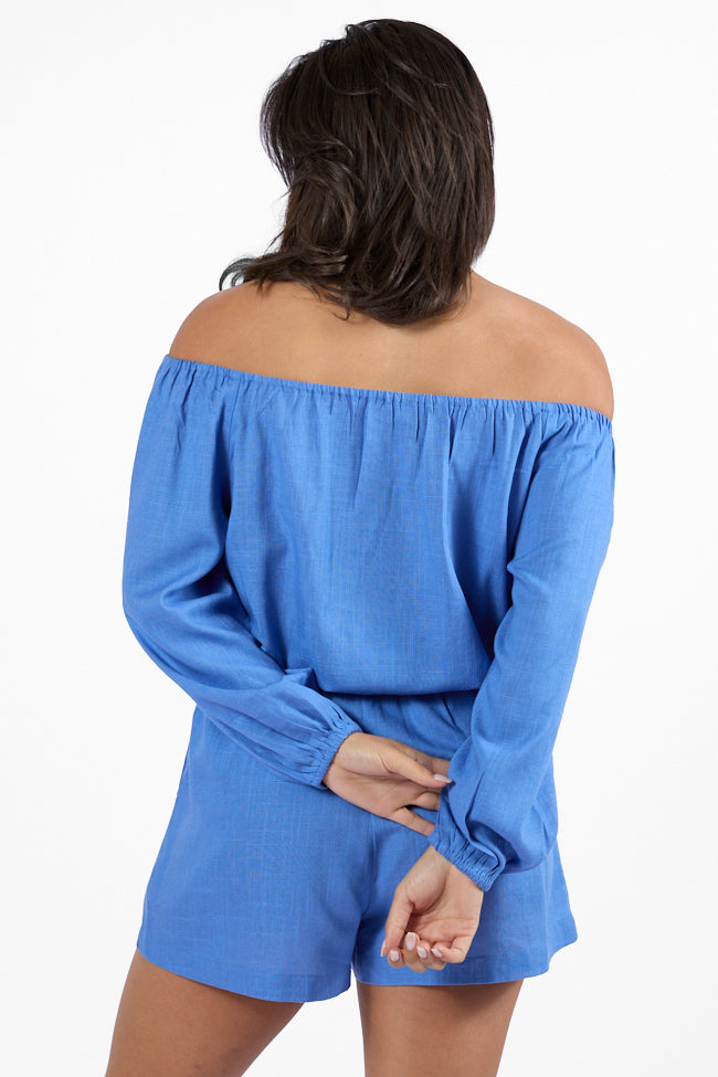 Deep Dive Blue Off The Shoulder Shorts Set Outlet Visit