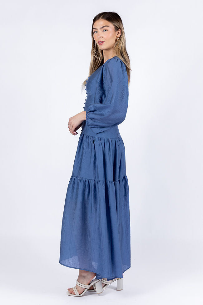 Enchanting Moments Blue Button Detail Maxi Dress Sale 2025