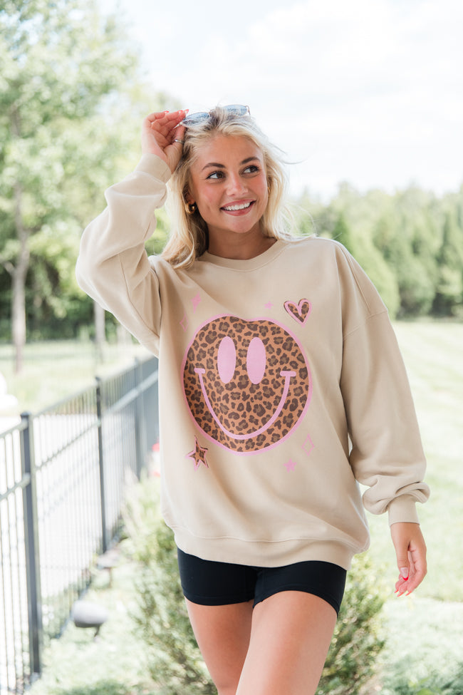 Leopard Smiley Face Cream Oversized Graphic Sweatshirt Newest Cheap Pice