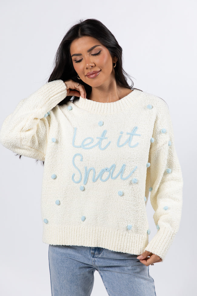 Let It Snow Ivory And Blue Fuzzy Pom Sweater FINAL SALE Free Shipping Best Place