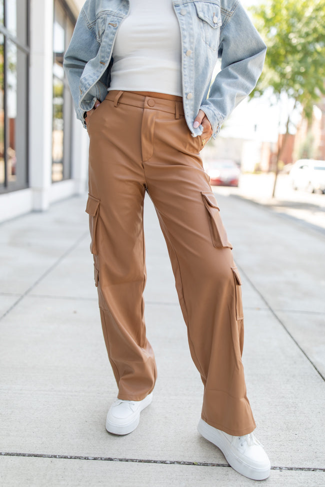 Follow My Lead Camel Faux Leather Cargo Pants FINAL SALE Outlet Footlocker Finishline