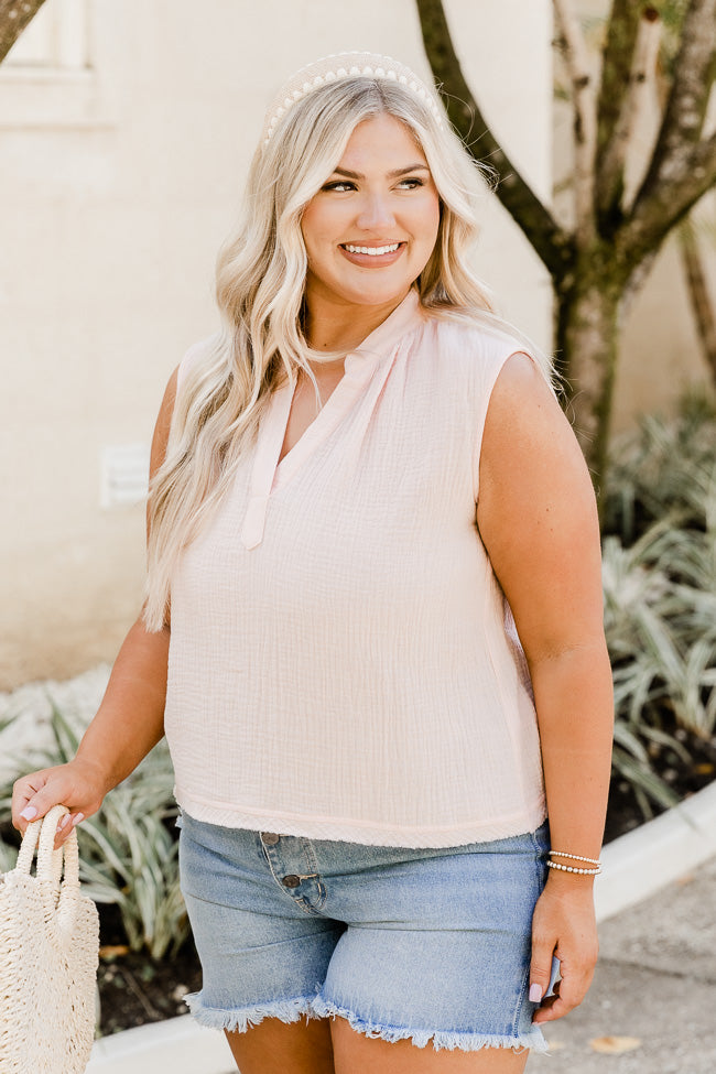 Making Me Blush Gauze Notched Neck Blush Pink Tank FINAL SALE Supply Sale Online