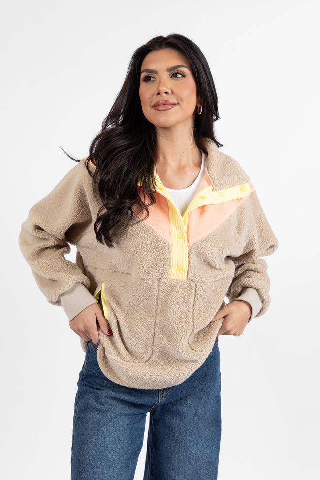 Good Feelings Beige Multi Colorblock Sherpa Pullover SALE Outlet Explore