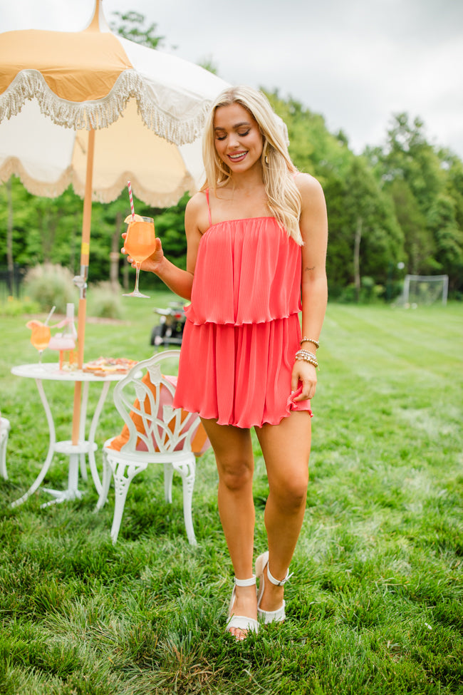 In the Afterglow Hot Coral Pleated Romper Low Cost