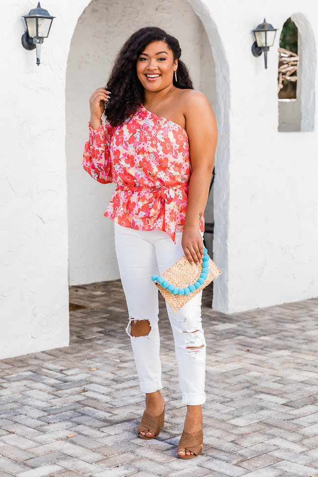 Destination Unknown One Shoulder Blouse in Watercolor Red Floral Print FINAL SALE Latest Sale Online