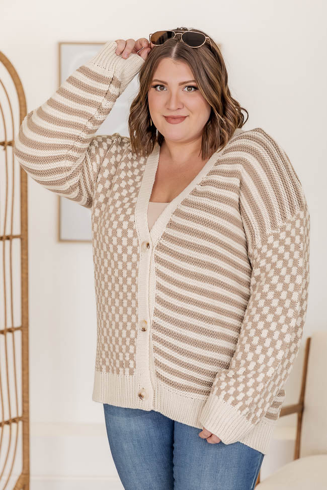 Time To Waste Oversized Beige Checkered and Striped Cardigan Free Shipping Fashionable