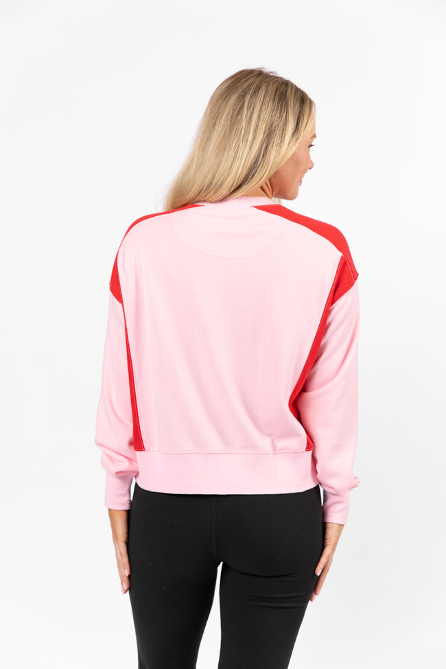 Far Between Pink and Red Contrast Trim Crew Neck Sweatshirt Sale Deals