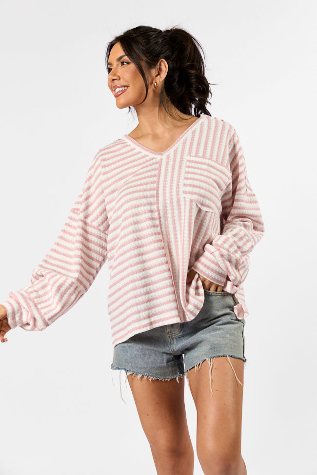 All For Sun Pink and Ivory Striped Knit V-Neck Long Sleeve Tee Lowest Pice Cheap Pice