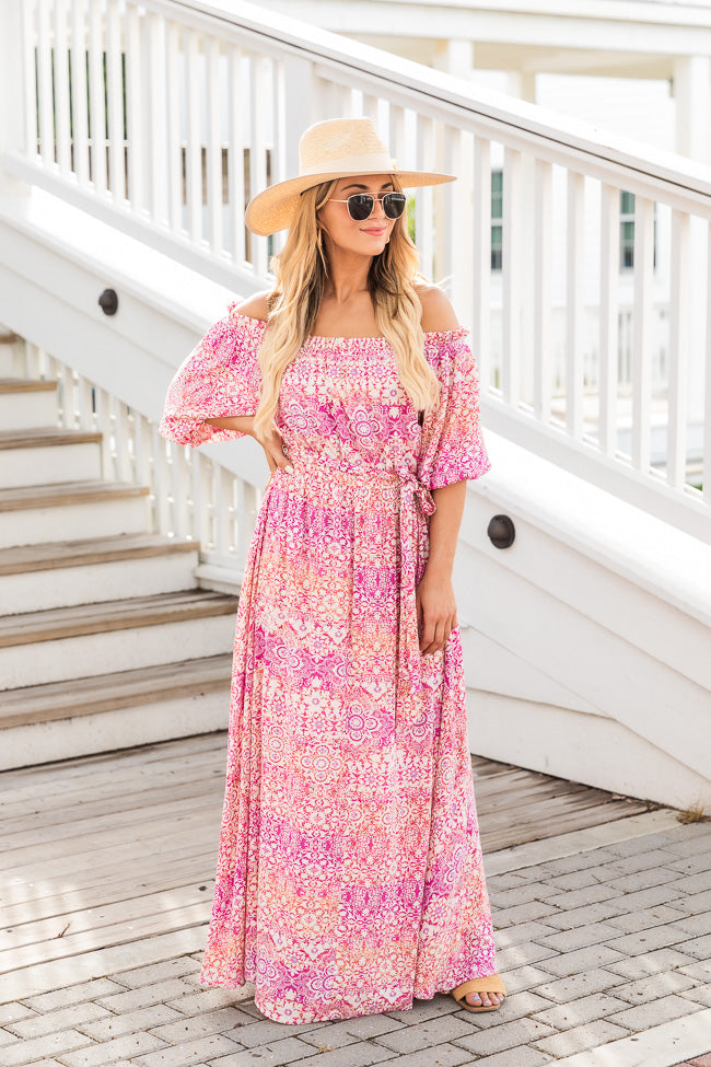 Dynamic Love Pink Printed Off The Shoulder Maxi Dress FINAL SALE Clearance For Cheap