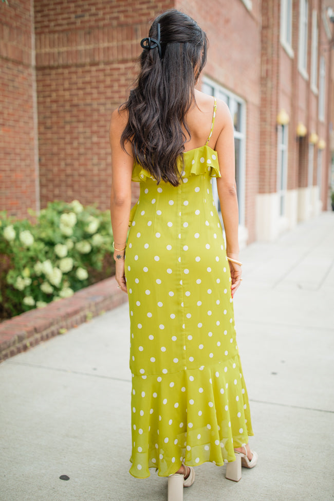 On The Spot Kiwi Ruffle Detail Polka Dot Midi Dress FINAL SALE Clearance Online