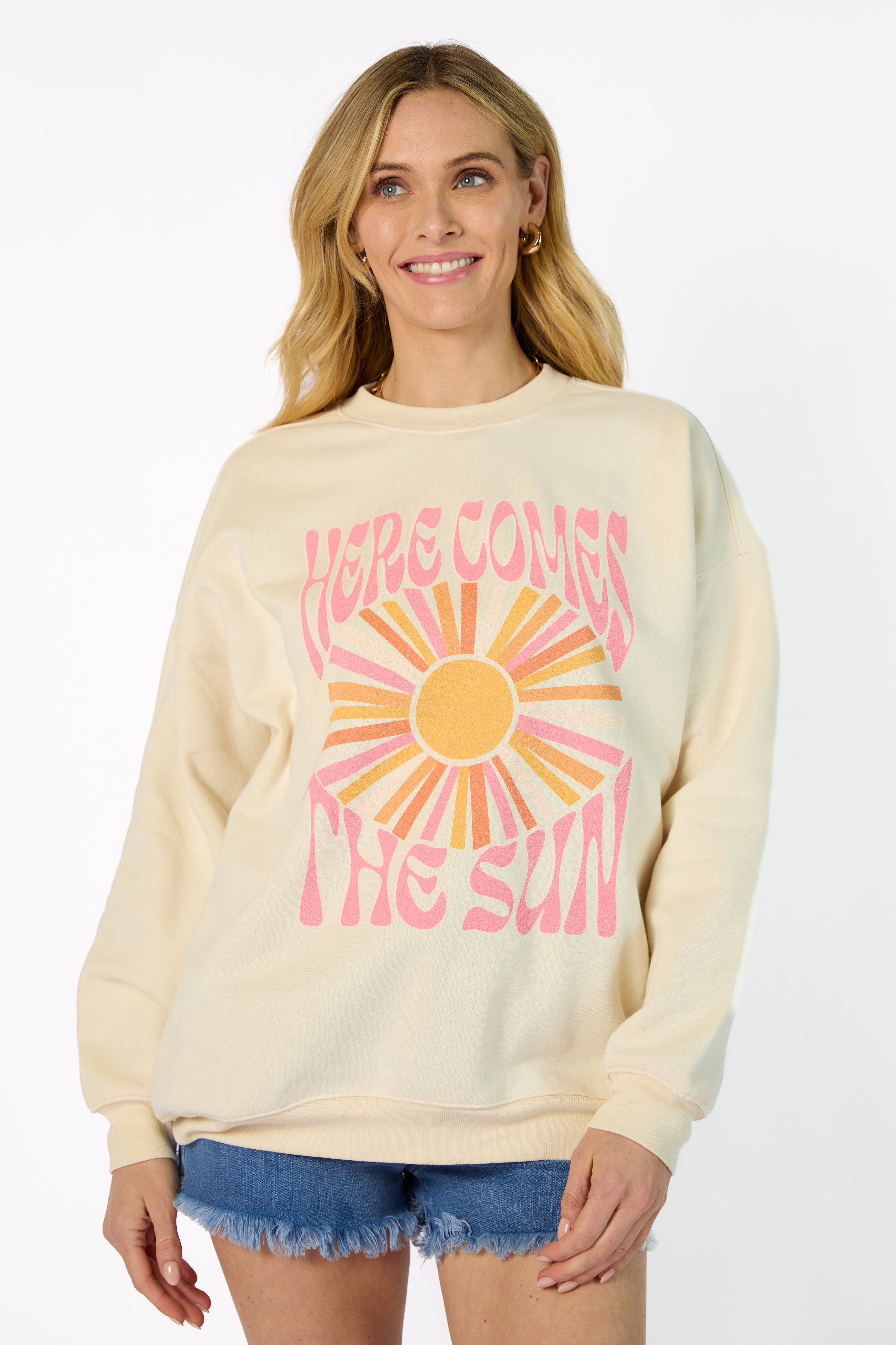 Here Comes The Sun Burst Cream Oversized Graphic Sweatshirt Wiki Sale Online