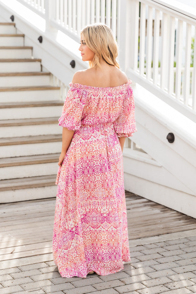 Dynamic Love Pink Printed Off The Shoulder Maxi Dress FINAL SALE Clearance For Cheap