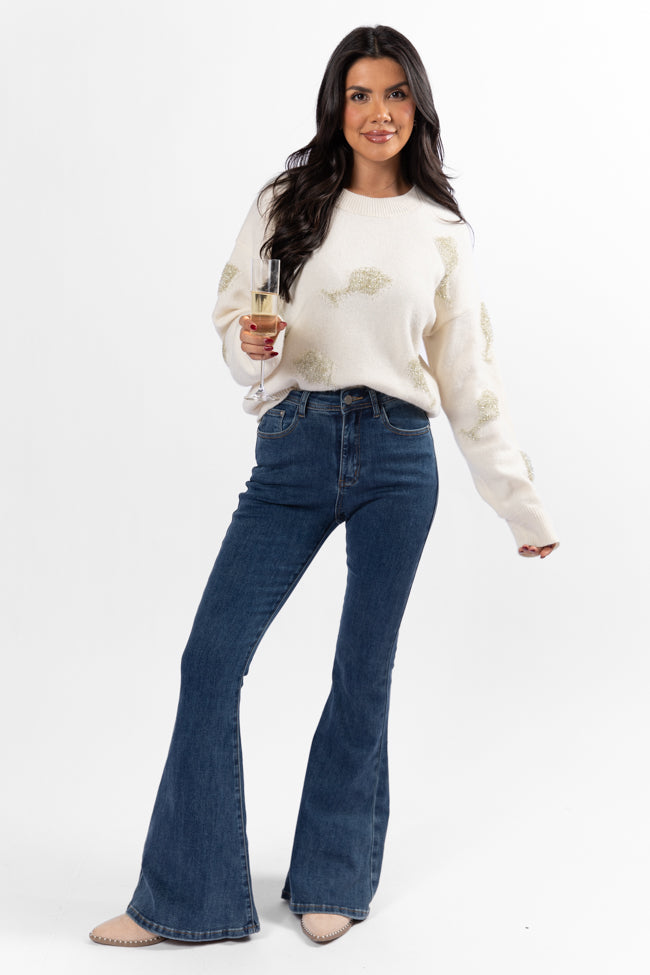 Pop The Bubbly Glitter Wine Glass Embroidered Cream Sweater SALE Sale Free Shipping