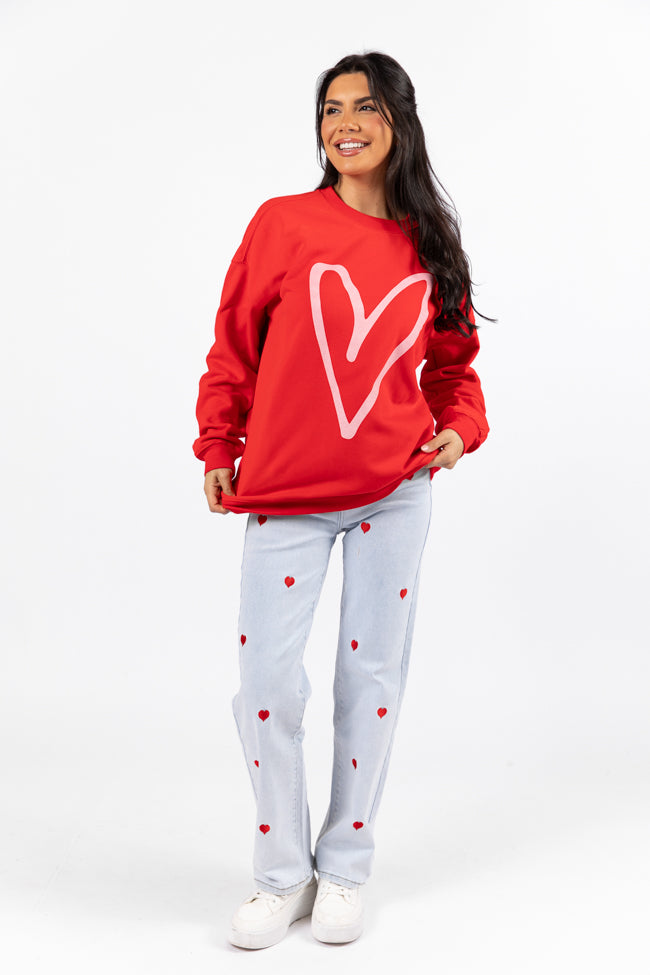 Heart Sketch Red Oversized Graphic Sweatshirt Clearance For Nice