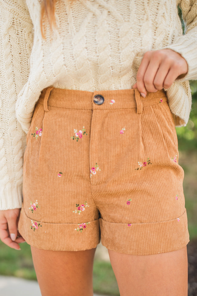 So Glad We're Buds Brown Floral Embroidered Corduroy Shorts FINAL SALE