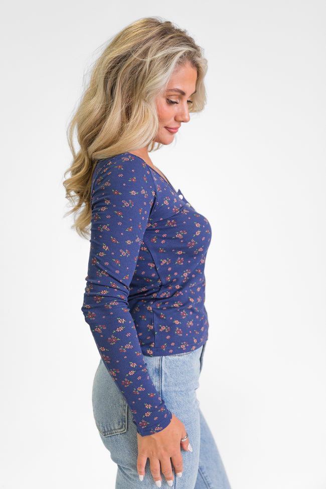 Best In Bloom Navy Ribbed Floral Henley Top FINAL SALE On Hot Sale