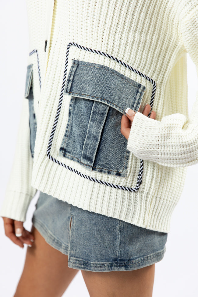 Living For Today Ivory Denim Pocket Cardigan Cheap With Mastercard